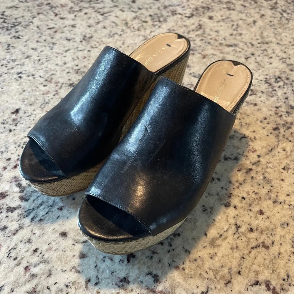 Via Spiga Wedge Sandals Women 8 Black Leather Raffia Boho Platform Peep Toe Mule